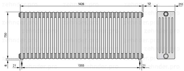 Схема (чертеж) Радиатор Zehnder Charleston 6075/31 №5310 Белый глянцевый RAL 9016
